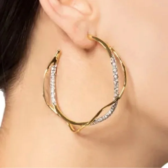 Intertwined Gold Two Tone Pave Hoop Earrings Alexis Bittar Solanales JA08 - Picture 1 of 6